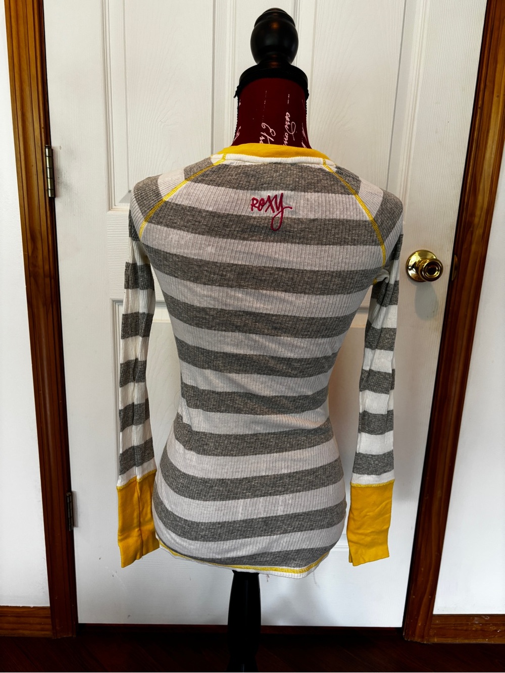 Roxy Gray & White Striped Long Sleeve Top with Yellow Trim - Picture 3 of 3